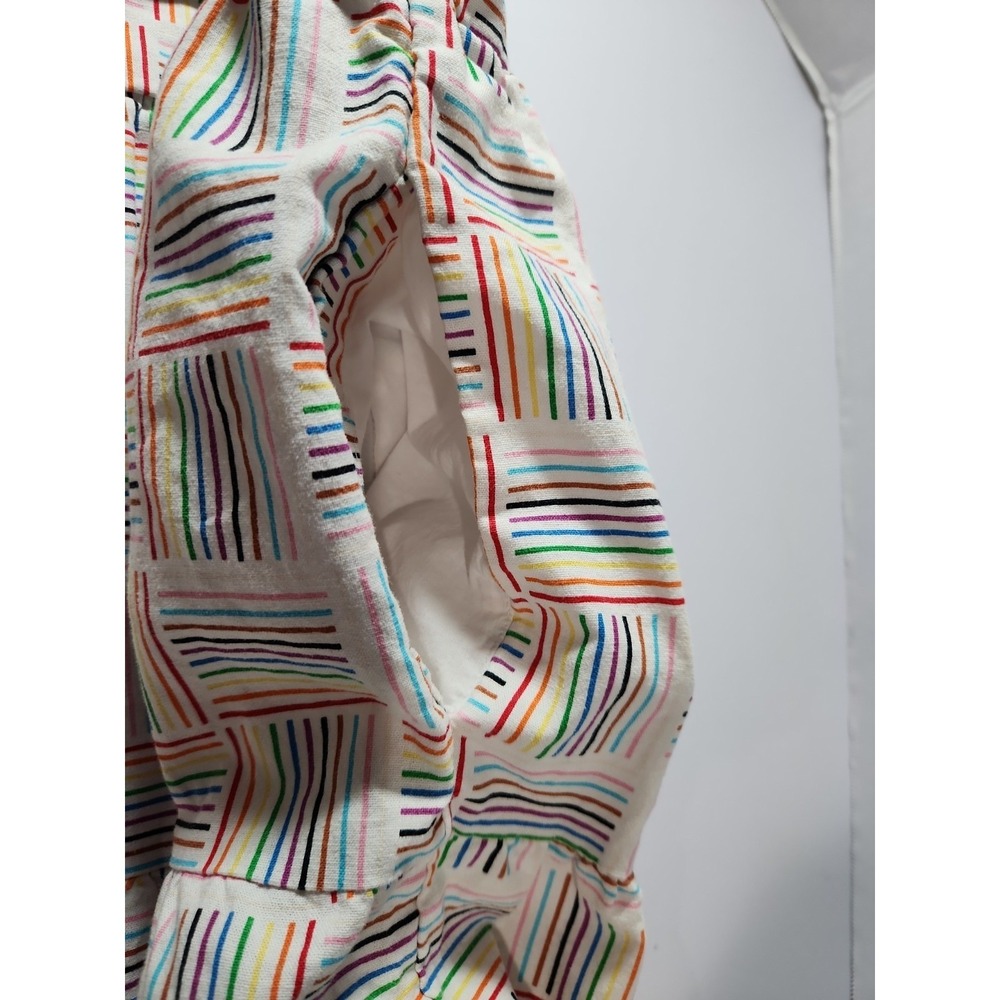 Rainbow Striped Linen Blend Tiered Mini Dress Pockets Sleeveless Tie Strap L - Picture 8 of 8